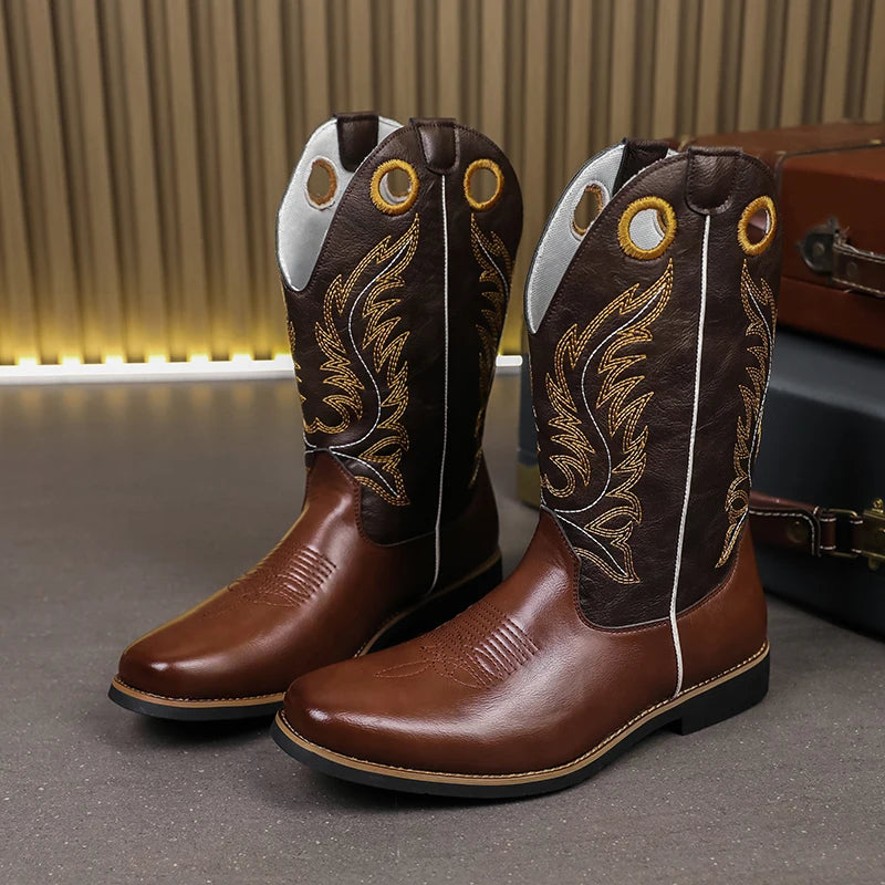 Men’s Knight High-Top  , Square Heels Embroidered Western Cowboy Boots - Ghoddosh