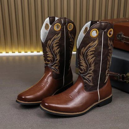 Men’s Knight High-Top  , Square Heels Embroidered Western Cowboy Boots - Ghoddosh
