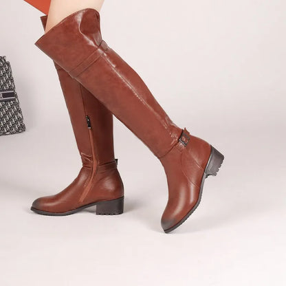 Women's Round Toe Chunky Block Heel Thigh-High Riding Boots with Belt Buckles @ ghoddosh.com