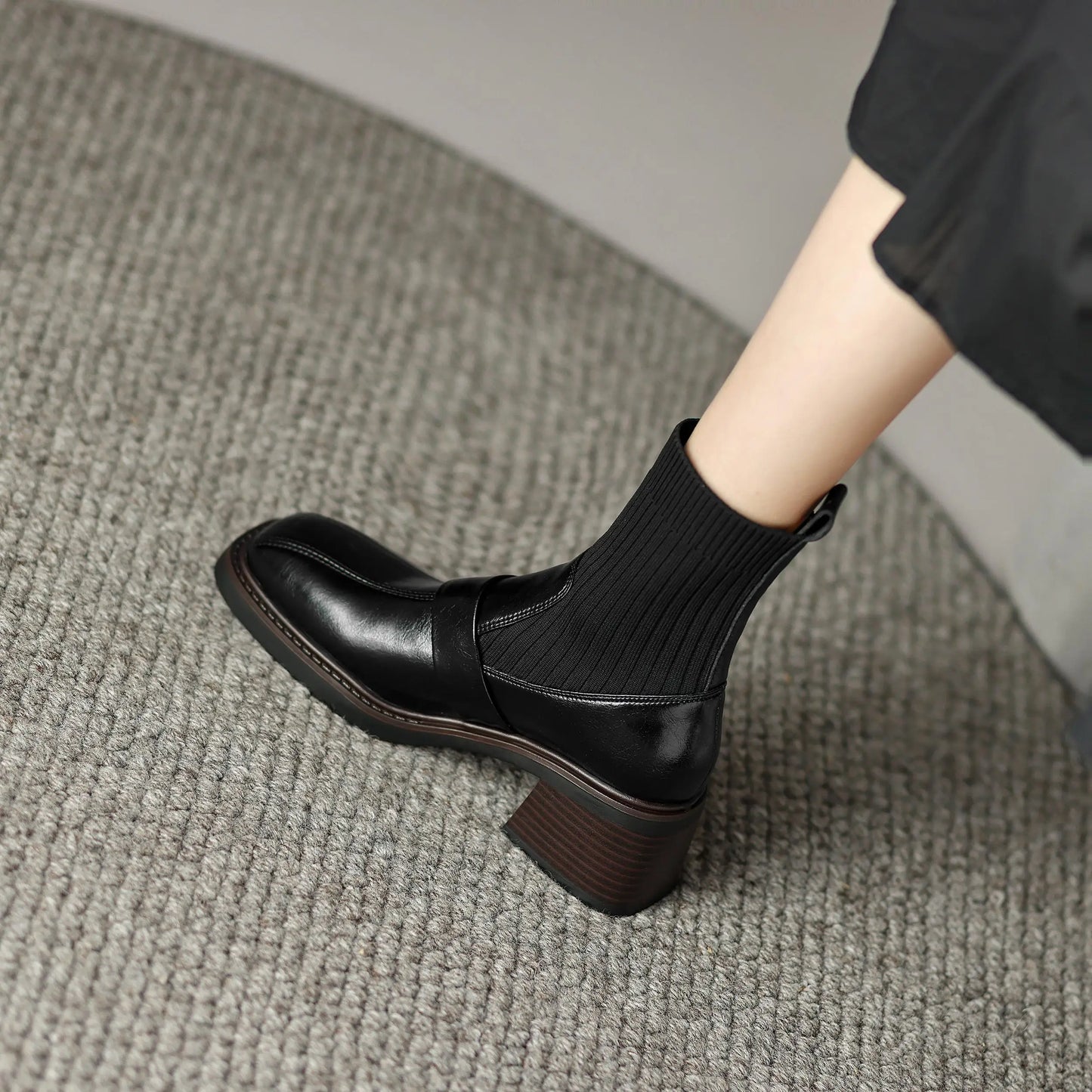 Retro Cow Split Leather Chelsea Boots — Square Toe, Platform Block Heel - Ghoddosh