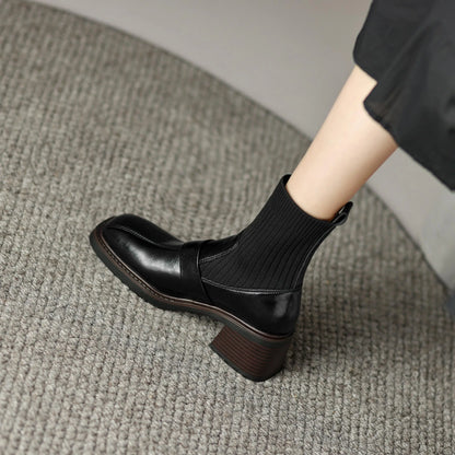 Retro Cow Split Leather Chelsea Boots — Square Toe, Platform Block Heel - Ghoddosh