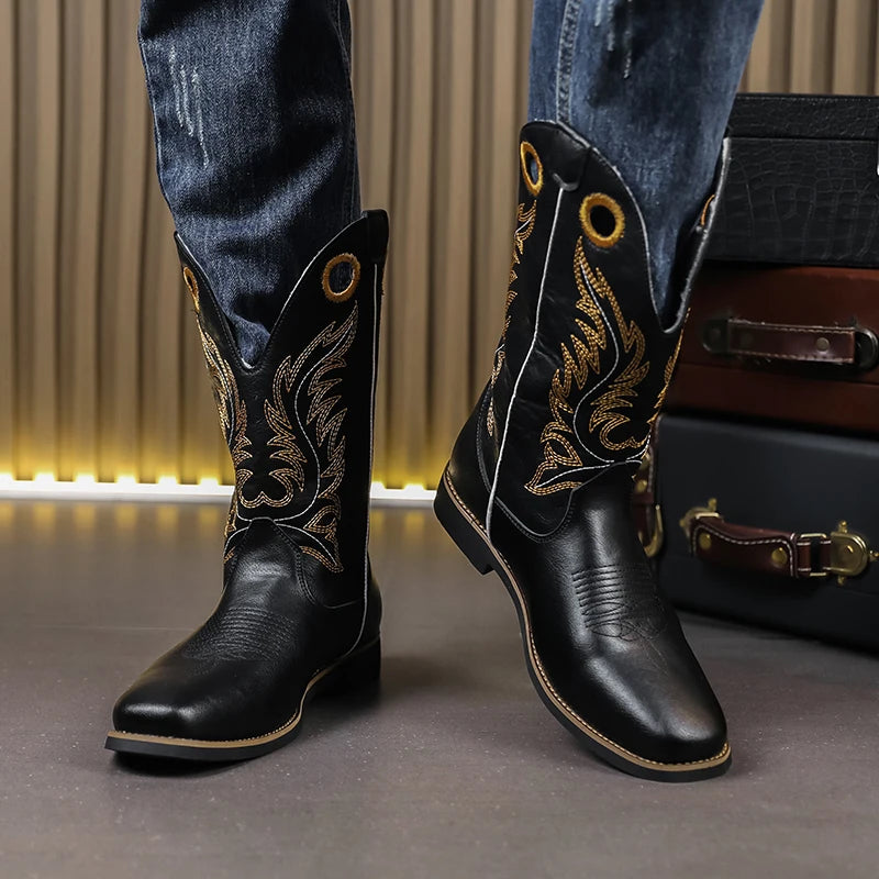 Men’s Knight High-Top  , Square Heels Embroidered Western Cowboy Boots - Ghoddosh