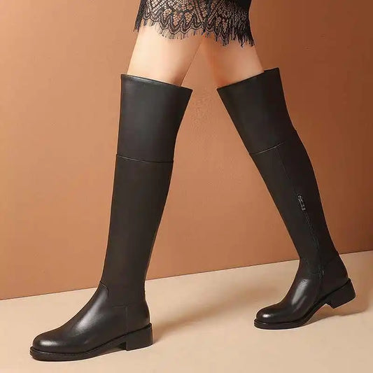 Black Classic Over‑the‑Knee Boots — Cow Leather, Mid Heel, Simple Daily Style - Ghoddosh