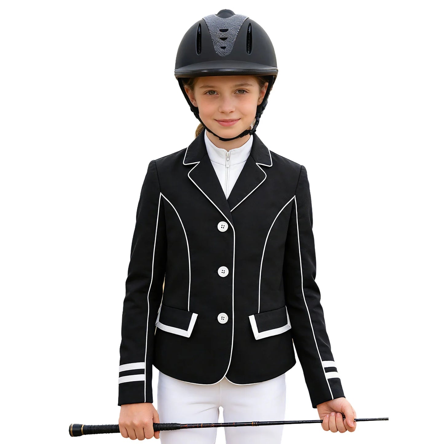 Young equestrian wearing a black show jacket with white trim, white pants, and a helmet on a white background. @ ghoddosh.com