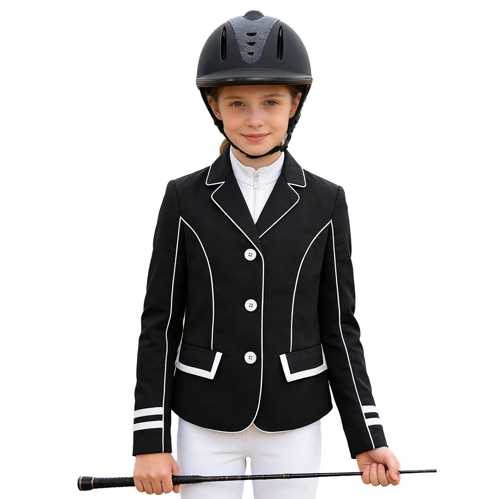 Young equestrian wearing a black show jacket with white trim, white pants, and a helmet on a white background. @ ghoddosh.com