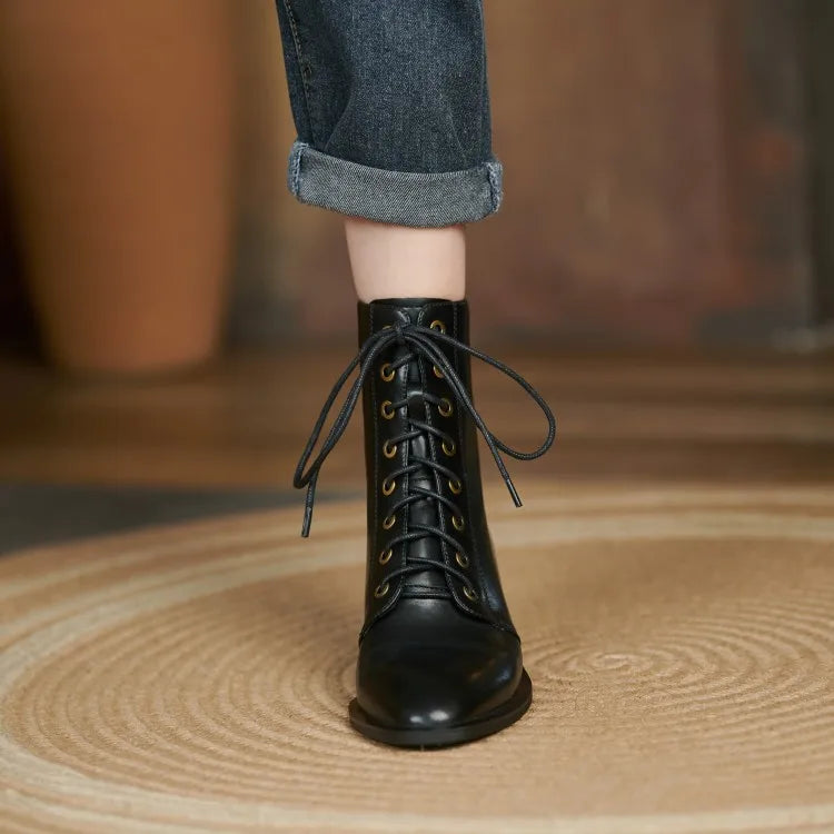 New  Split Leather Women  Round Toe  Chunky Heels Boots - Ghoddosh