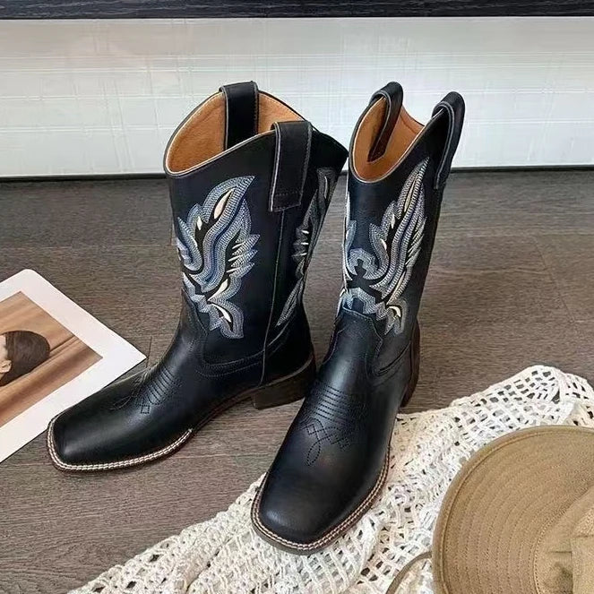 Embroidered brown cowboy boots — square toe and chunky mid-calf heel. - Ghoddosh