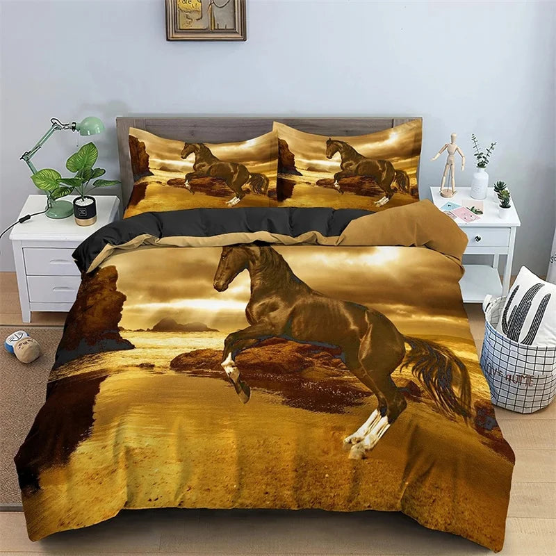 2/3pcs  Horse Bedding Set /   Duvet Cover Set with Pillowcase Horsey Cover @ ghoddosh.com