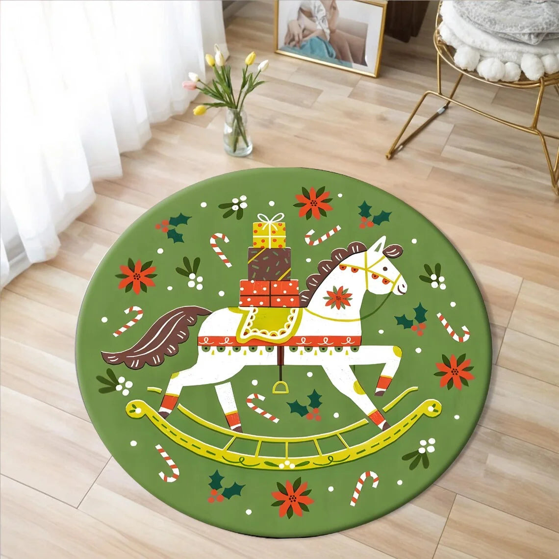 Christmas Horse Printed Circle Carpet - Round  Kids Non-slip Floor Rug @ghoddosh.com