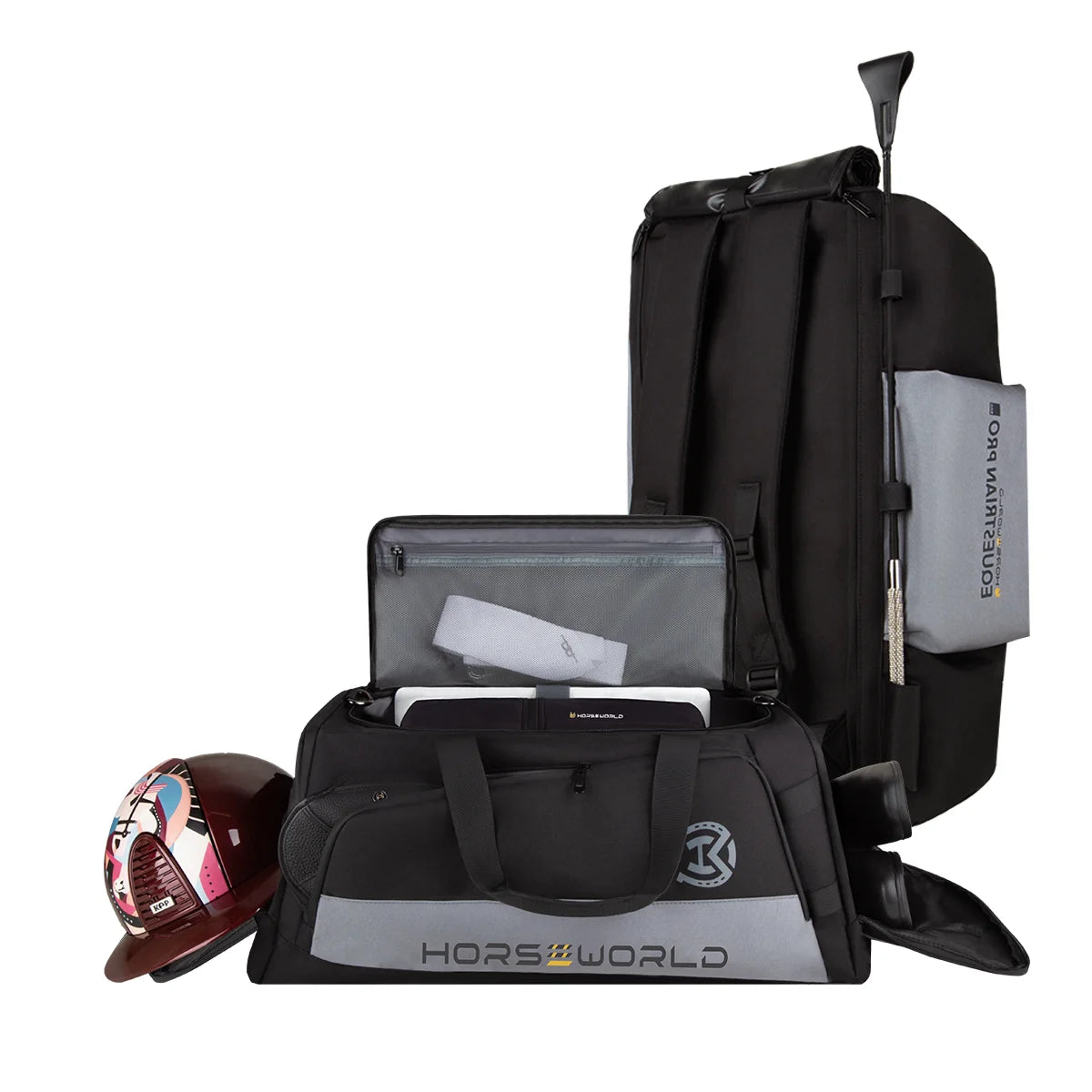 2-in-1 Riding Gear Bag: Convertible Backpack/Crossbody with Individual Pockets for Boots, Helmet & Whip