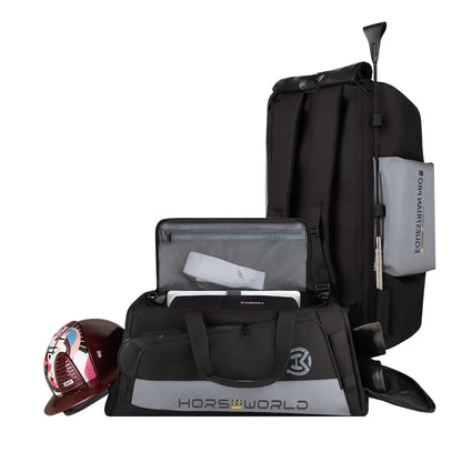 2-in-1 Riding Gear Bag: Convertible Backpack/Crossbody with Individual Pockets for Boots, Helmet & Whip