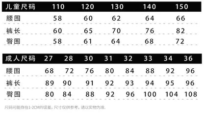 Measurement chart for children's and adults' clothing sizes with waist, length, and hip measurements. Ghoddosh 