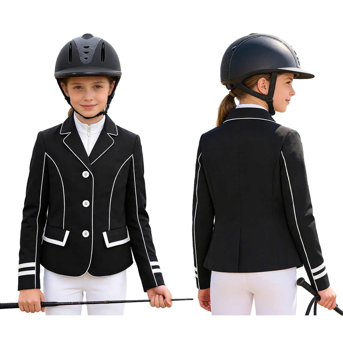Young girl in equestrian attire with a black jacket and helmet, showing front and back views. @ ghoddosh.com