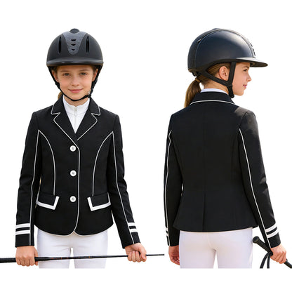 Young girl in equestrian attire with a black jacket and helmet, showing front and back views. @ ghoddosh.com