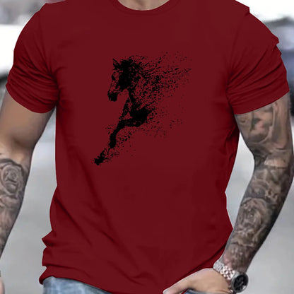Men's Cotton Fashionable Casual Loose Large Black Horse Printed Pattern Short Sleeve T-shirt - Ghoddosh