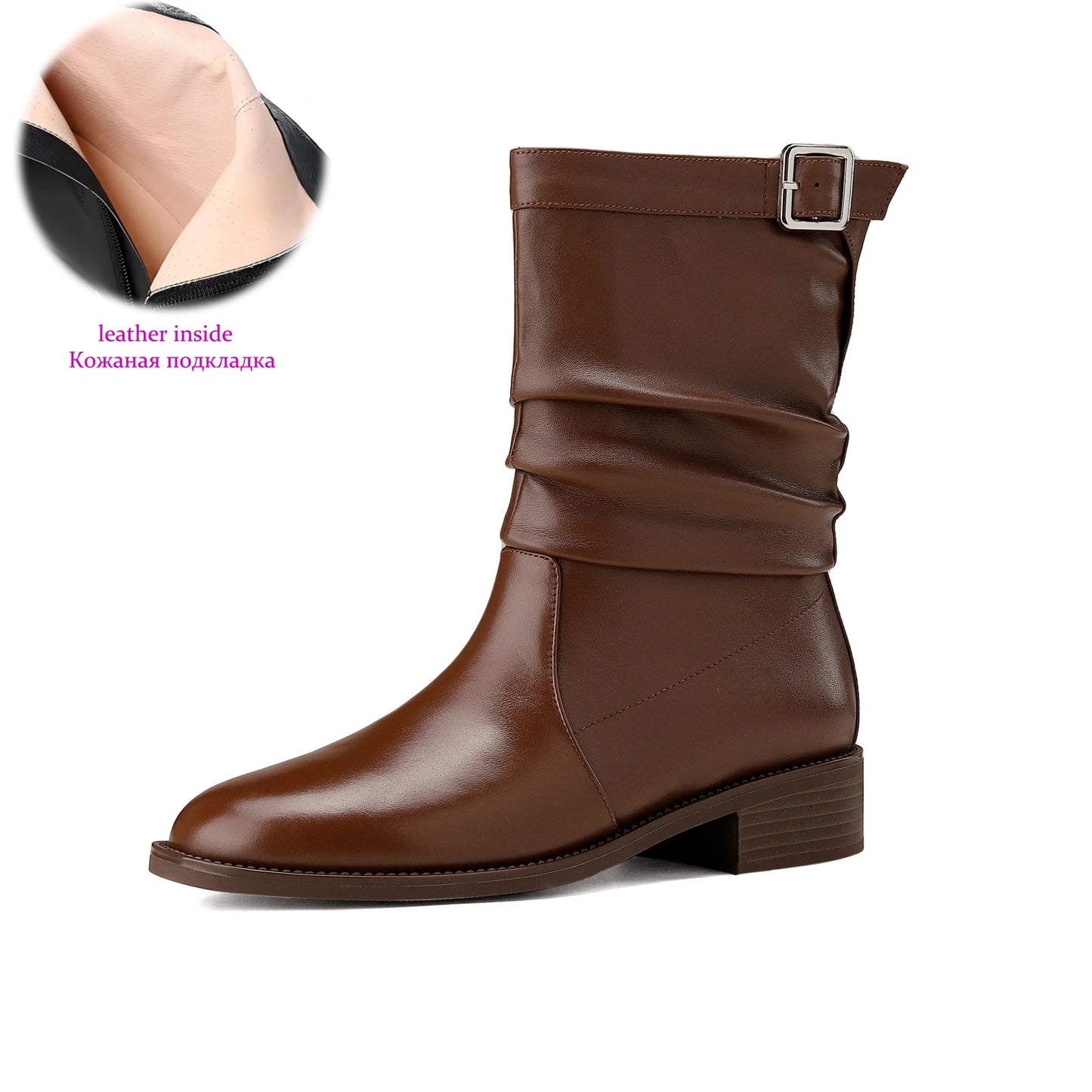 Cow Skin Med Heels Retro Pleated Western  Ankle Boots with Belt Buckle - Ghoddosh