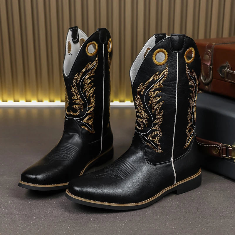 Men’s Knight High-Top  , Square Heels Embroidered Western Cowboy Boots - Ghoddosh