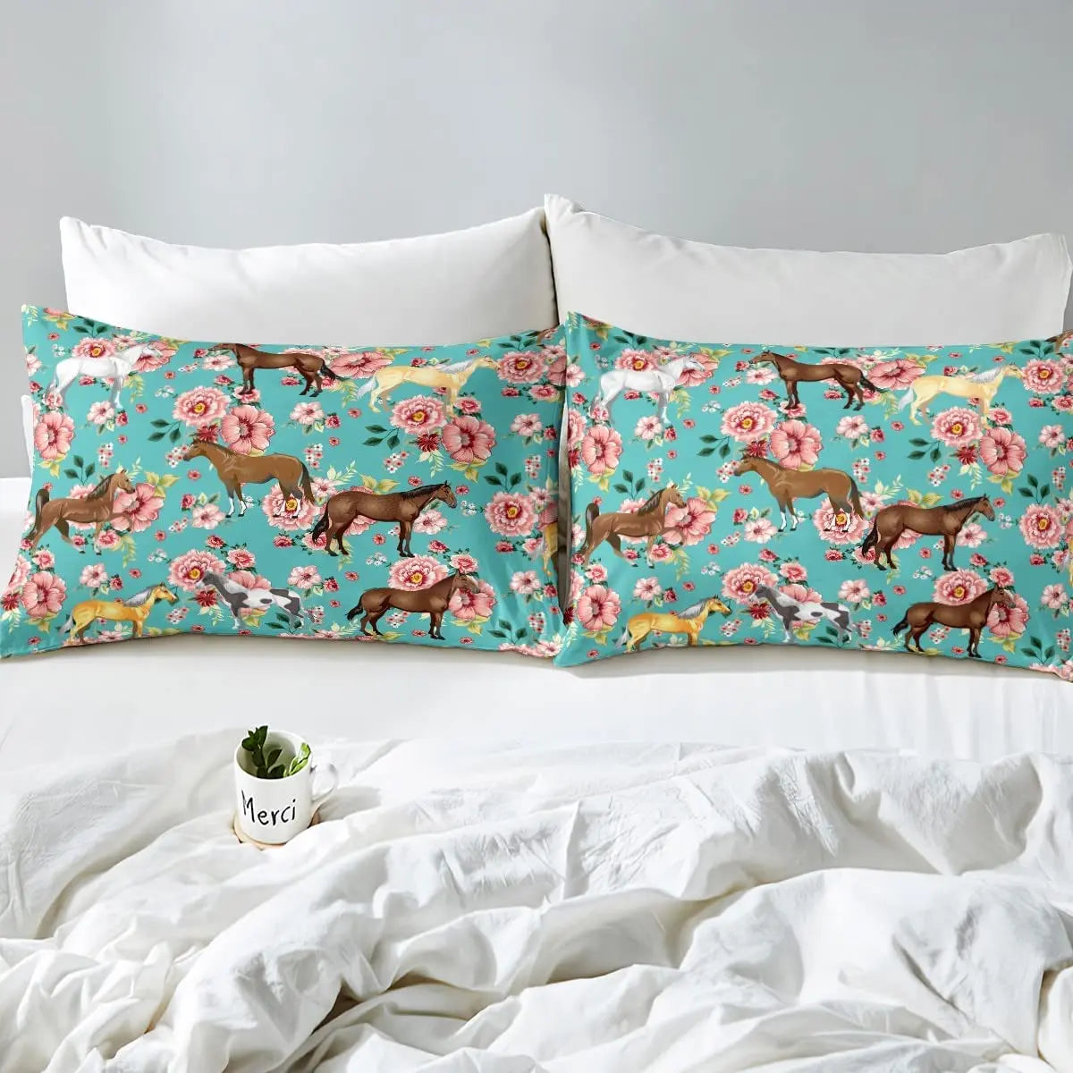 Horse Fitted Sheets ,Twin Size  Cute Horse  Bedding Set  with Pink Love Hearts Décor @ ghoddosh.com