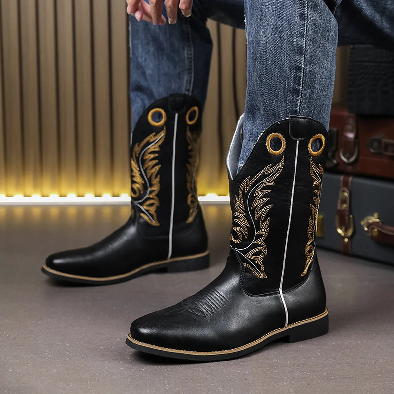 Men’s Knight High-Top  , Square Heels Embroidered Western Cowboy Boots - Ghoddosh