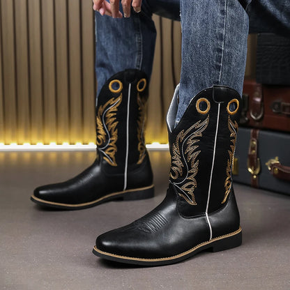 Men’s Knight High-Top  , Square Heels Embroidered Western Cowboy Boots - Ghoddosh