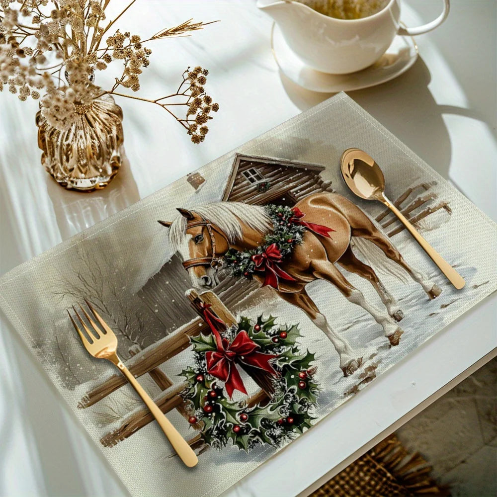 4-piece Christmas horse print placemat set - Non slip table mat for dining tables @ ghoddosh.com