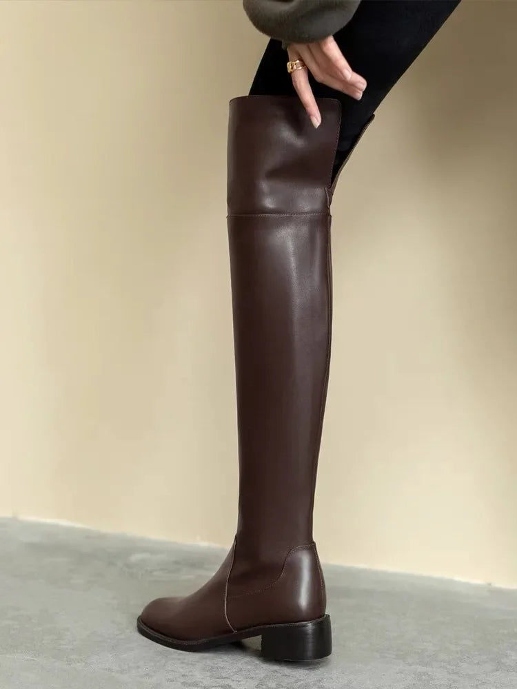 Women  Brown Leather over The Knee High Boots  @ ghoddosh.com