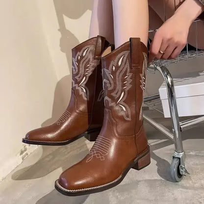 Embroidered brown cowboy boots — square toe and chunky mid-calf heel. - Ghoddosh
