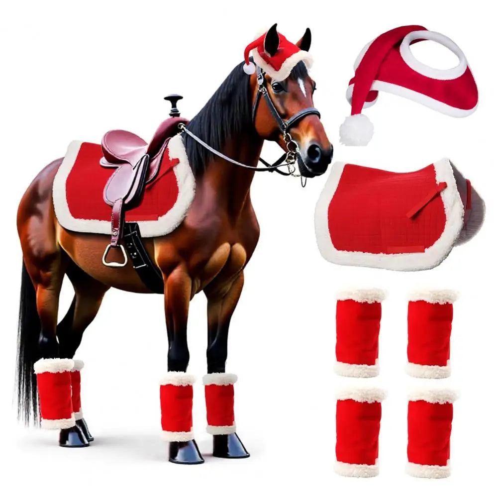 1/4/7 Pcs Horse Christmas Red Costumes  - Santa Hat , Horse Saddle , Pad Leg Wraps Decoration Accessories Xmas Winter Holiday Supplies - ghoddosh.com
