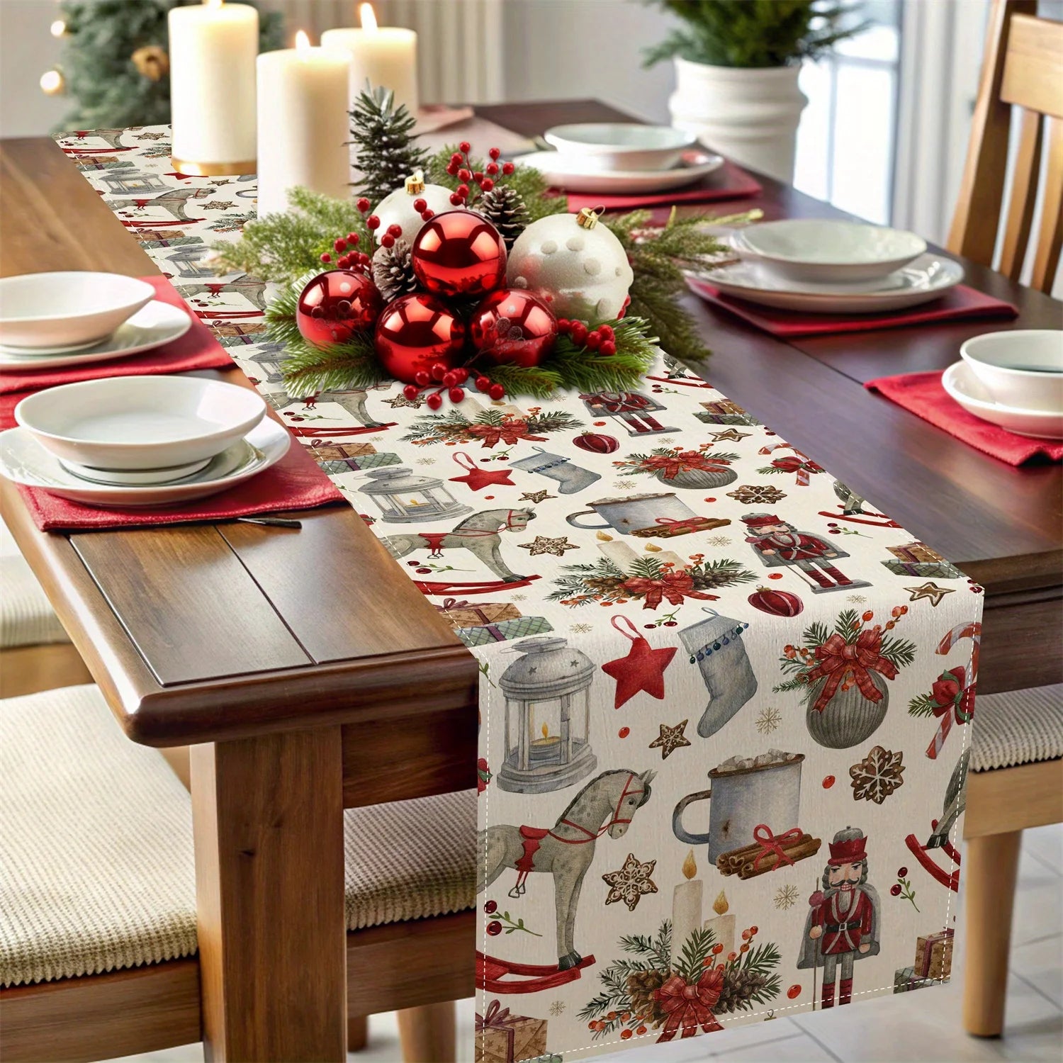 1pc Vintage Christmas Collage Table Runner, Nutcracker & Rocking Horse Design  @ghoddosh.com