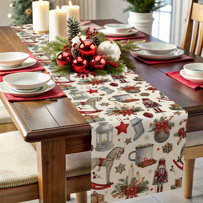 1pc Vintage Christmas Collage Table Runner, Nutcracker & Rocking Horse Design  @ghoddosh.com