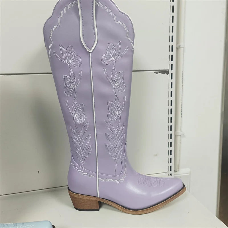 Women's Pink Knee-High Cowgirl Boots  Chunky Mid-Heel Pull-On Western Booties @ ghoddosh.com