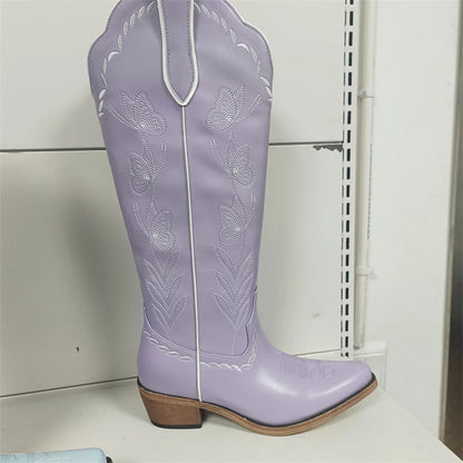 Women's Pink Knee-High Cowgirl Boots  Chunky Mid-Heel Pull-On Western Booties @ ghoddosh.com