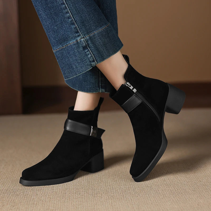 New  Women Genuine Leather  Chelsea Boots - Square  Heels Short Ankle Boots - ghoddosh.com