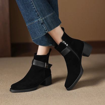 New  Women Genuine Leather  Chelsea Boots - Square  Heels Short Ankle Boots - ghoddosh.com
