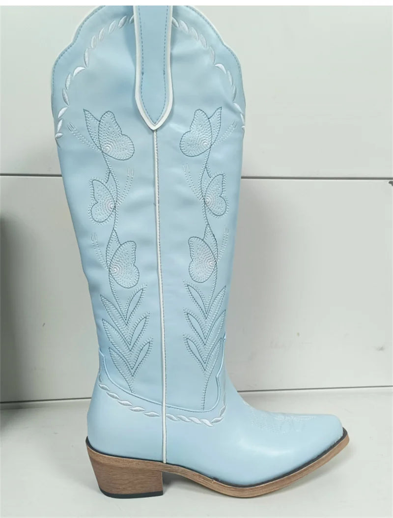 Women's Pink Knee-High Cowgirl Boots  Chunky Mid-Heel Pull-On Western Booties @ ghoddosh.com