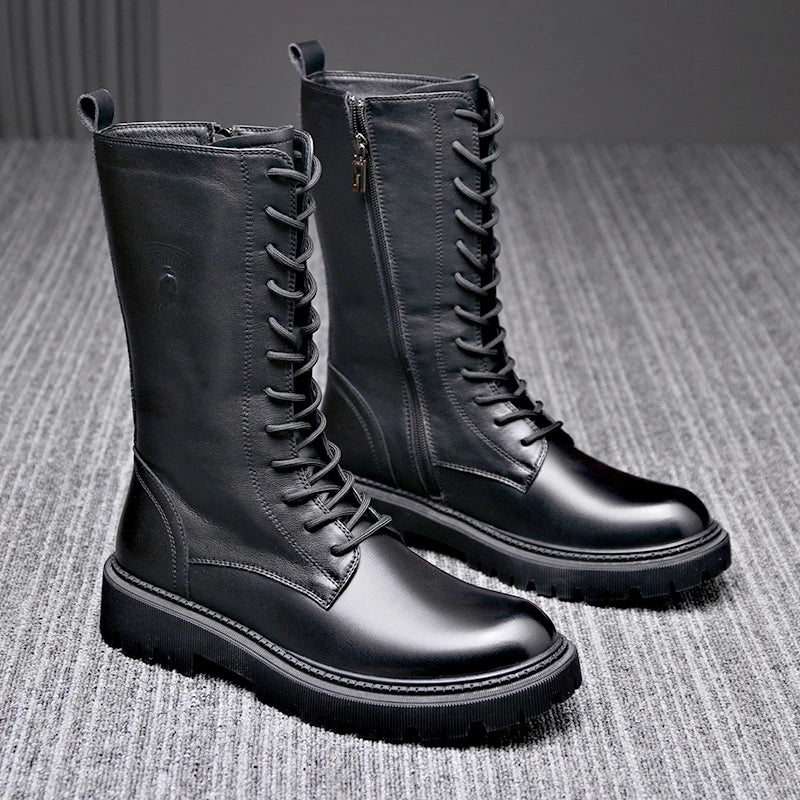 Men's Riding Winter Boots , Genuine Leather Lace Up Extra Long Mongolian High  Knight Ankle Boots@ghoddosh.com