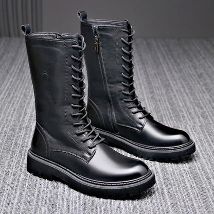 Men's Riding Winter Boots , Genuine Leather Lace Up Extra Long Mongolian High  Knight Ankle Boots@ghoddosh.com