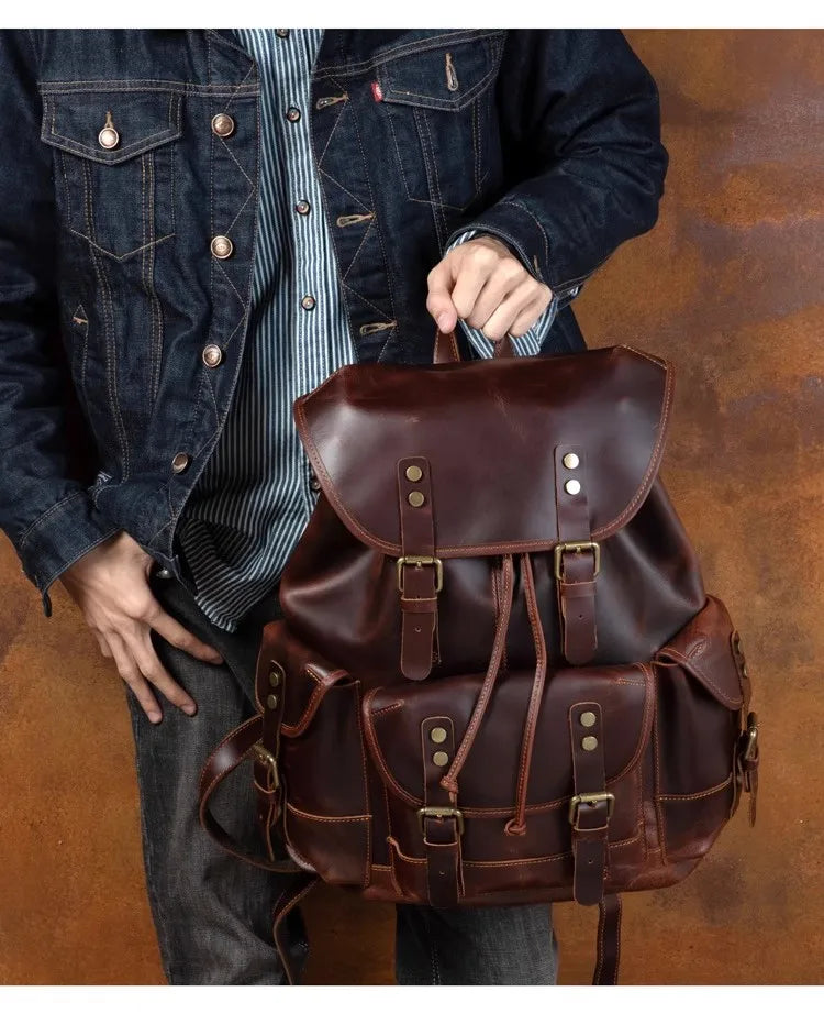 Vintage Horse Genuine Leather Backpack for Men, Large Capacity Travel Daypack, Fits 15-inch Laptop @ ghoddosh.com