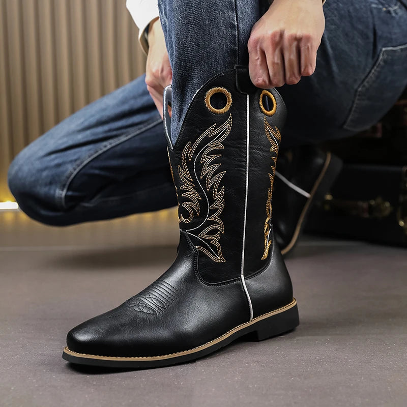 Men’s Knight High-Top  , Square Heels Embroidered Western Cowboy Boots - Ghoddosh
