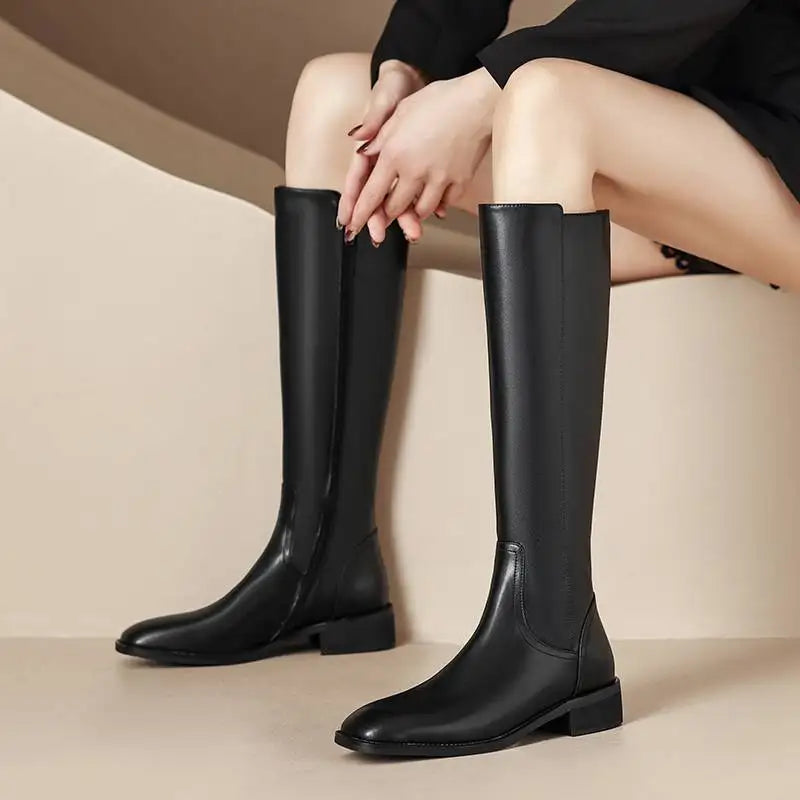 Cow Leather Square Toe Thick Med Heels  Equestrian Boots - ghoddosh.com