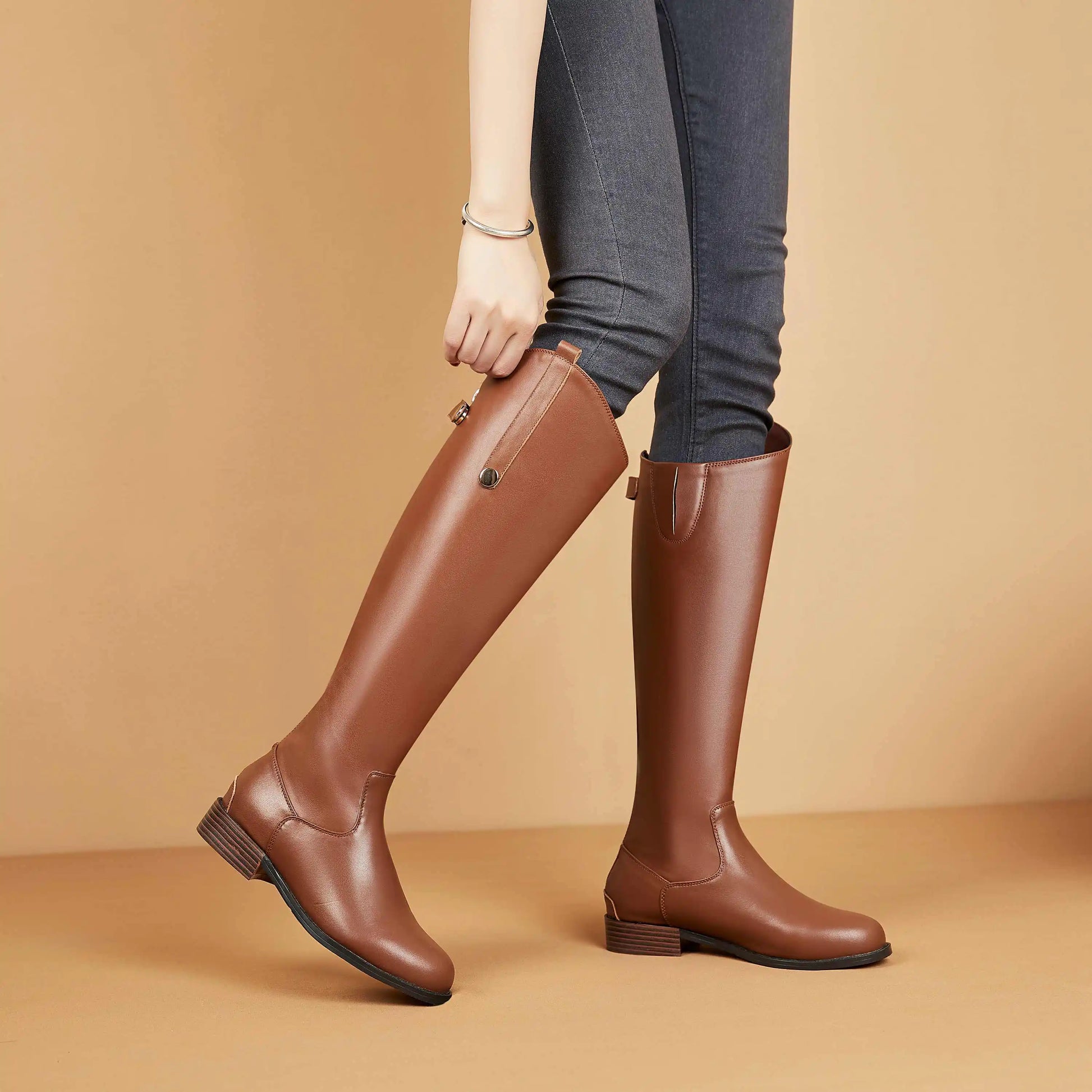 Women's Genuine Leather Thigh-High Riding Boots, Round Toe Mid-Heel Streetwear @ ghoddosh.com