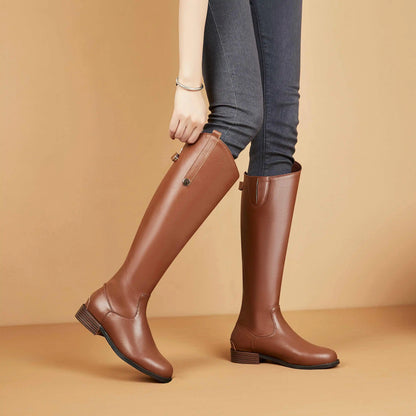 Women's Genuine Leather Thigh-High Riding Boots, Round Toe Mid-Heel Streetwear @ ghoddosh.com