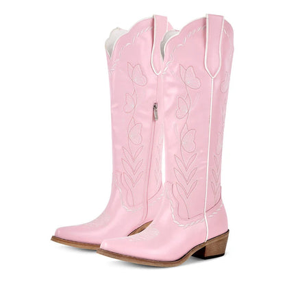 Women's Pink Knee-High Cowgirl Boots  Chunky Mid-Heel Pull-On Western Booties @ ghoddosh.com