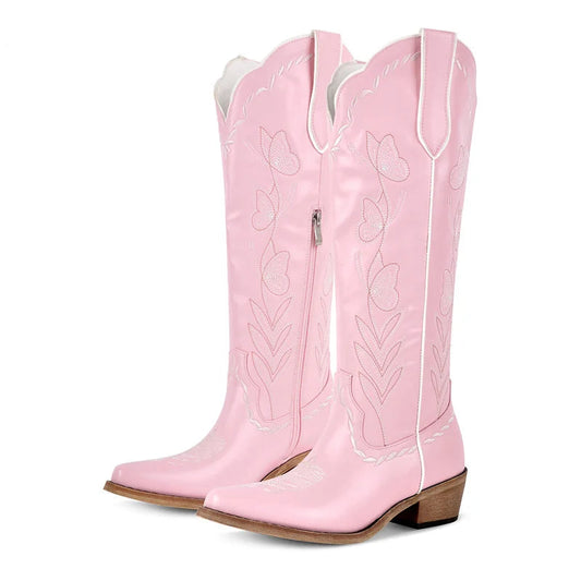 Women's Pink Knee-High Cowgirl Boots  Chunky Mid-Heel Pull-On Western Booties @ ghoddosh.com