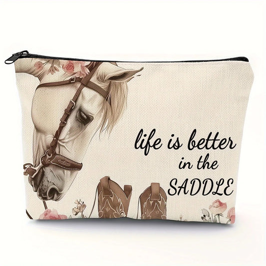 Western Makeup Bag  with Horses and Flowers pattern , Thrive Beautifully on A Saddle with This piece of Art @ ghoddosh.com