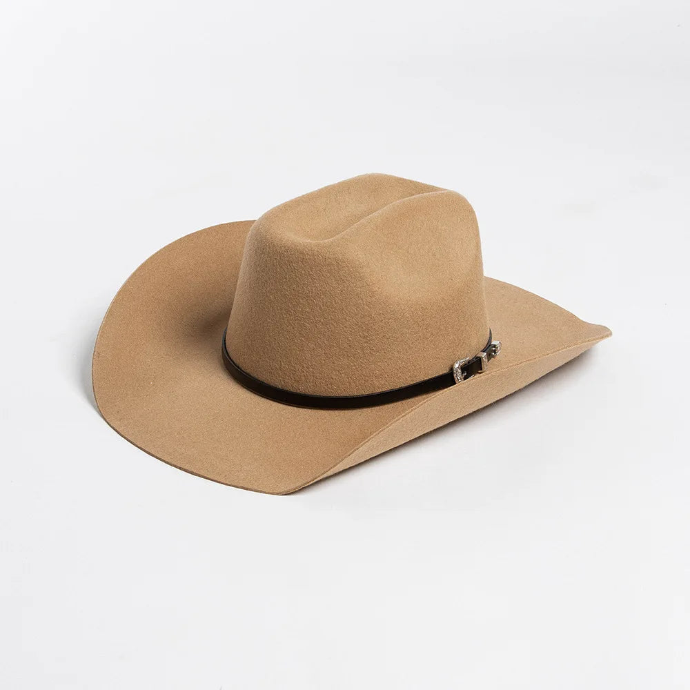 Unisex 100% Wool Cowboy Fedora Hat – Wide Brim Rolled Edge with Belt Buckle @ ghoddosh.com