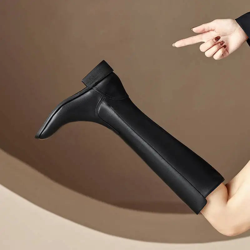 Cow Leather Square Toe Thick Med Heels  Equestrian Boots - ghoddosh.com
