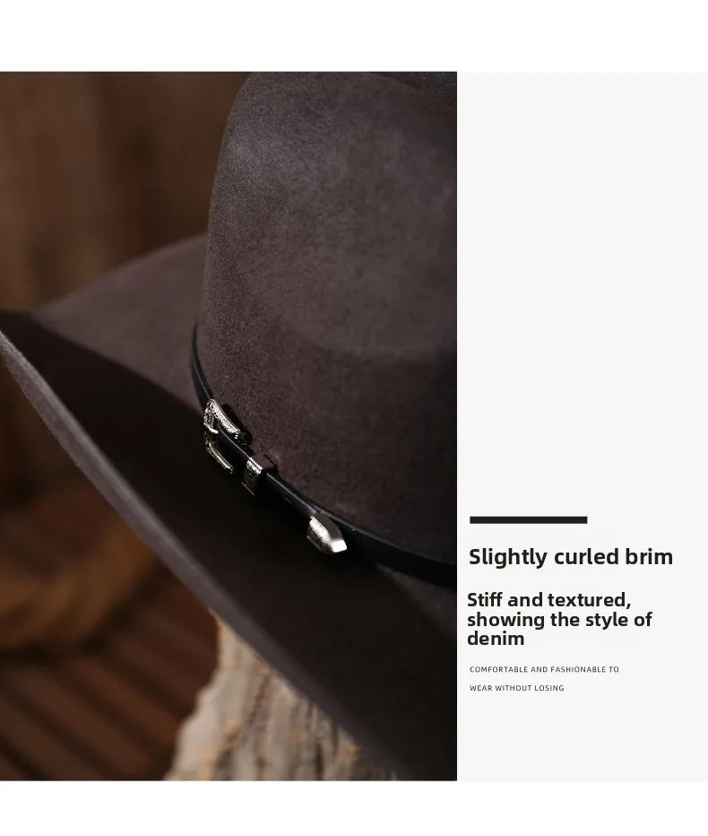 Unisex 100% Wool Cowboy Fedora Hat – Wide Brim Rolled Edge with Belt Buckle @ ghoddosh.com