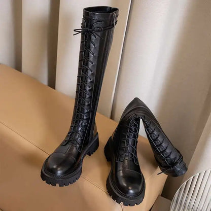 Genuine Leather Round Toe High Heel Riding Boots / Cross-tied Vintage Gladiator Lady Casual Platform Knee-high Boots .Ghoddosh

