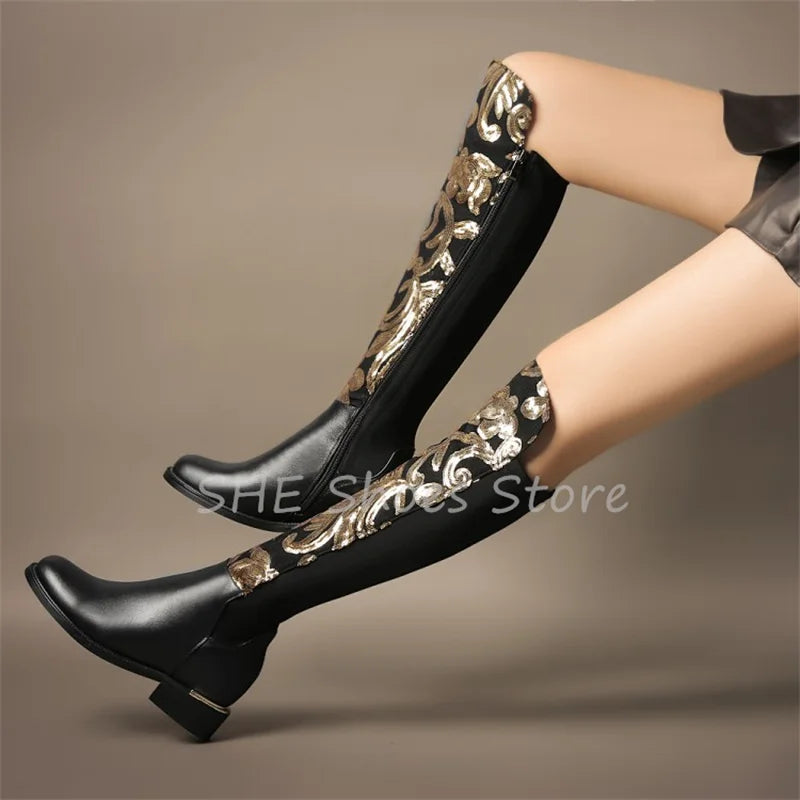 Luxury  Golden Embroidery Women Knee High Boots - Chunky Heel Leather  Round Toe Long Boots @ ghoddosh.com
